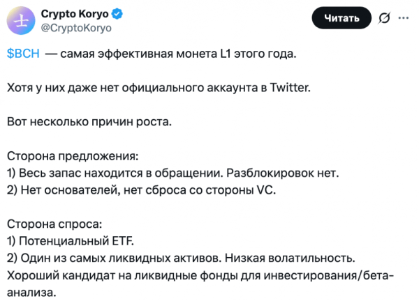Bitcoin Cash вырос почти на 40% и стал лучшим L1‑блокчейном 2025 года