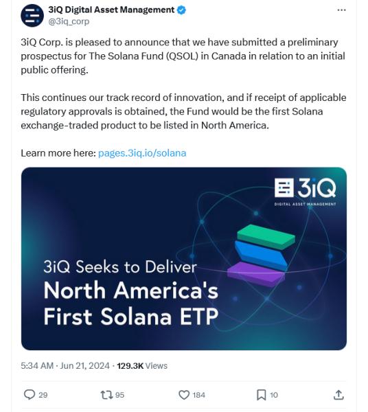 Управляющий активами 3iQ подал заявку на&nbsp;листинг Solana ETP в&nbsp;Канаде