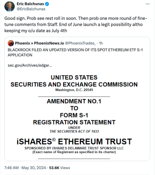 Первый Ethereum&nbsp;ETF может быть запущен июне &mdash; BlackRock подает S-1